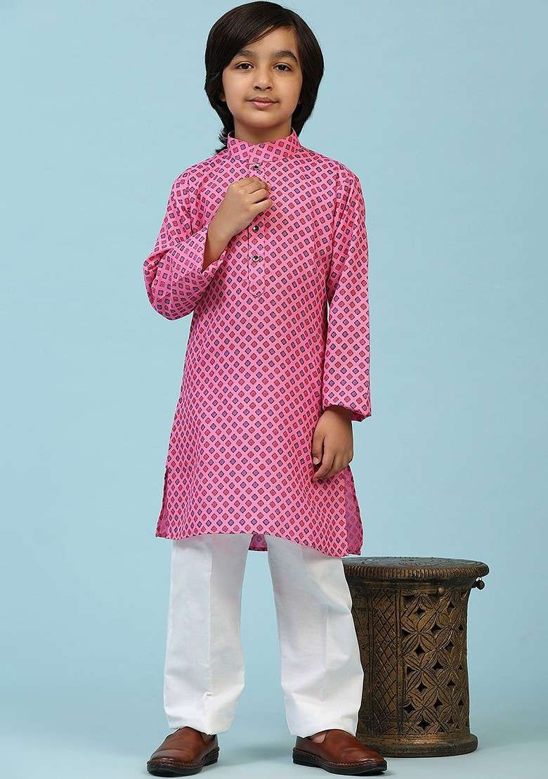 Pink Printed Blended Kurta Set For Boys - Indya