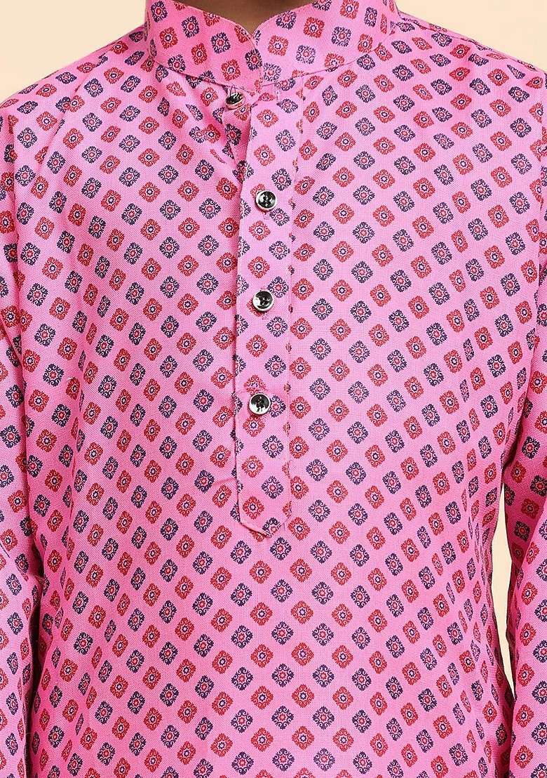 Pink Printed Blended Kurta Set For Boys - Indya