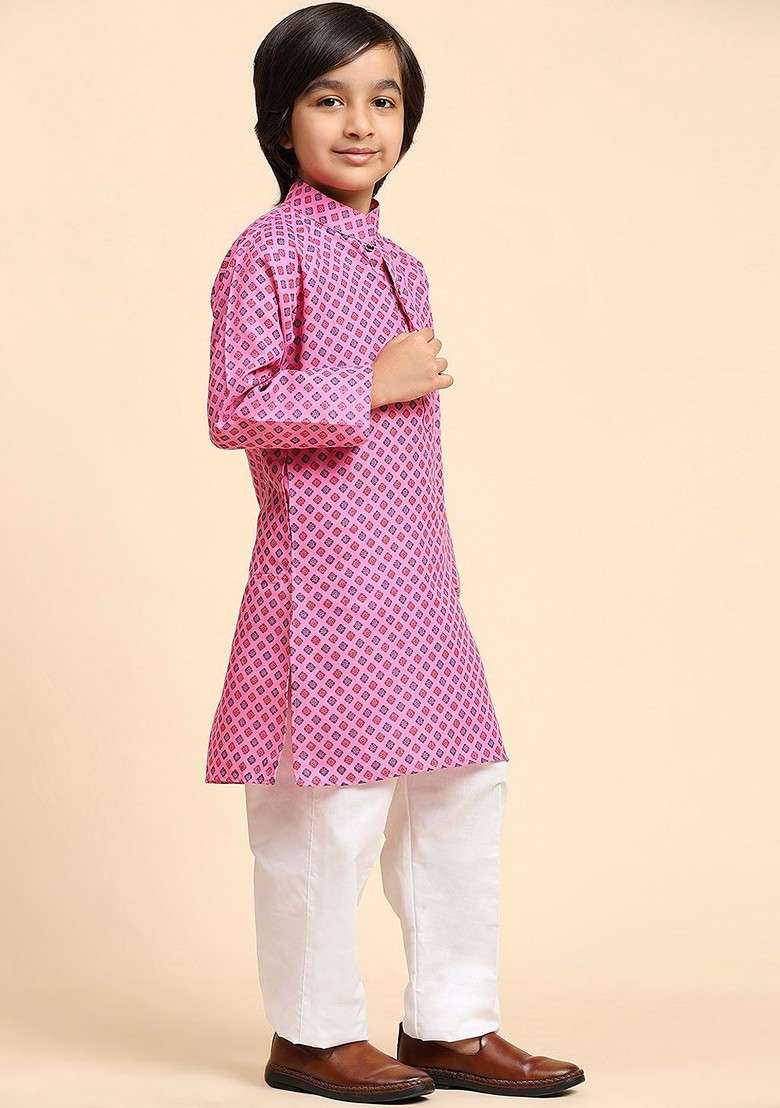 Pink Printed Blended Kurta Set For Boys - Indya