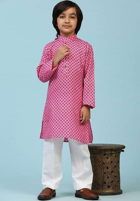 Pink Printed Blended Kurta Set For Boys