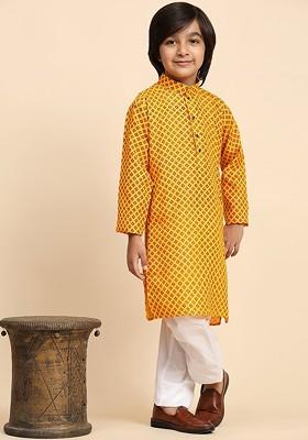 Mustard Printed Blended Kurta Set For Boys