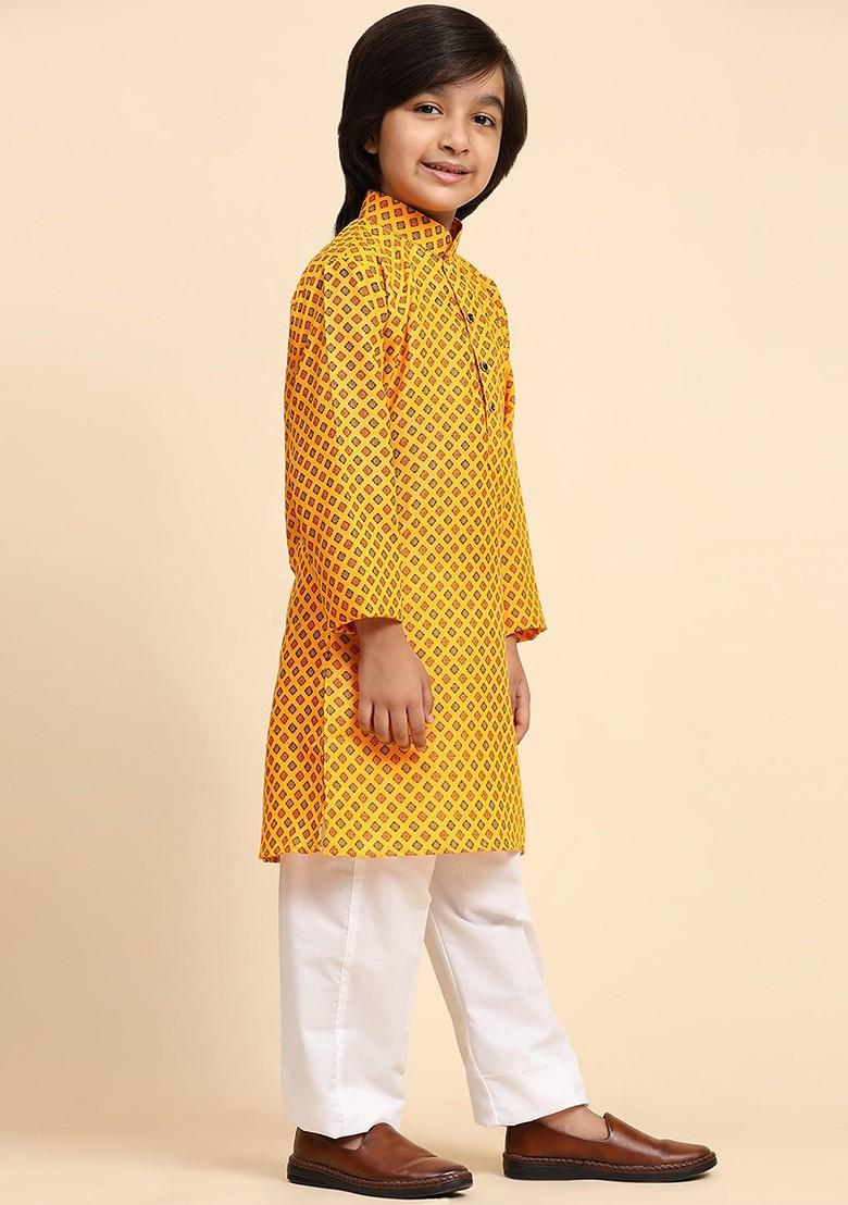 Mustard Printed Blended Kurta Set For Boys - Indya