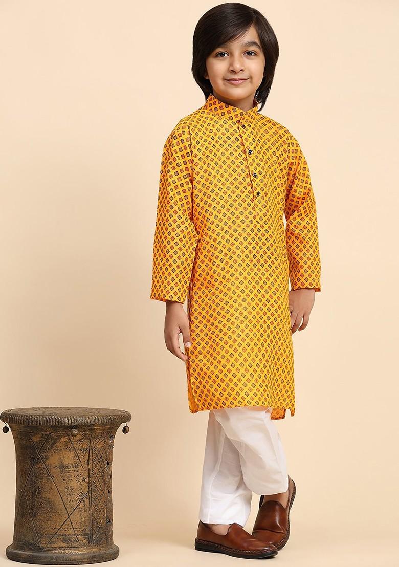 Mustard Printed Blended Kurta Set For Boys - Indya