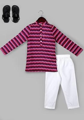 Red Printed Blended Kurta Set For Boys
