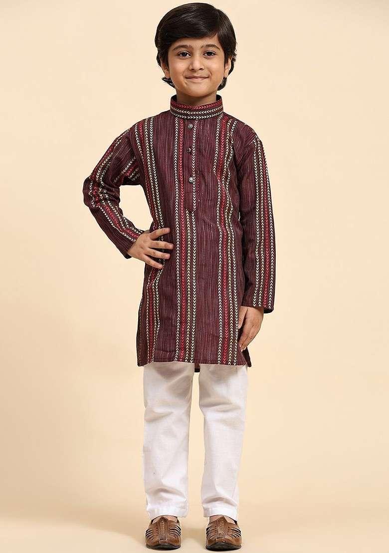 Maroon Striped Blended Kurta Set For Boys - Indya