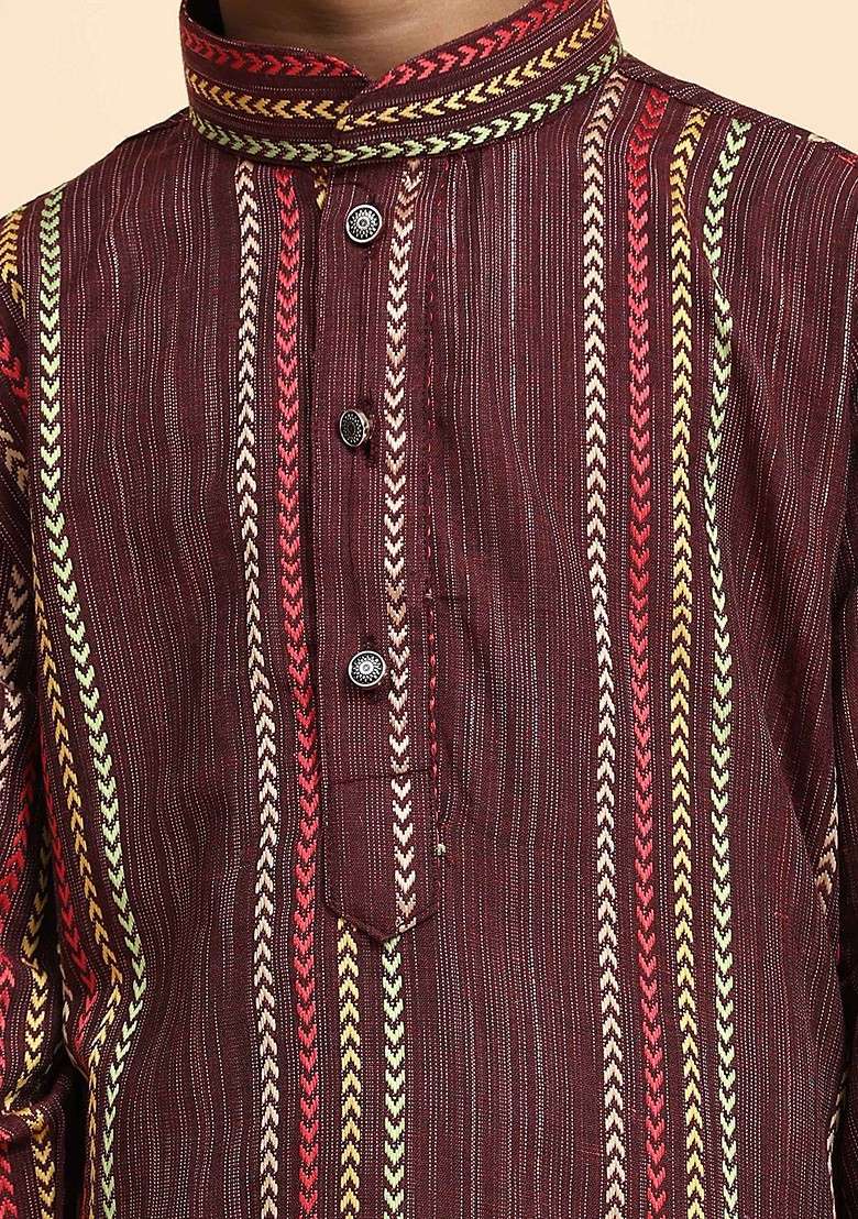 Maroon Striped Blended Kurta Set For Boys - Indya