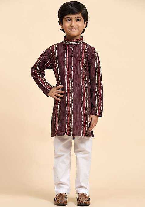 Maroon Striped Blended Kurta Set For Boys