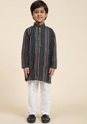Navy Blue Striped Blended Kurta Set For Boys
