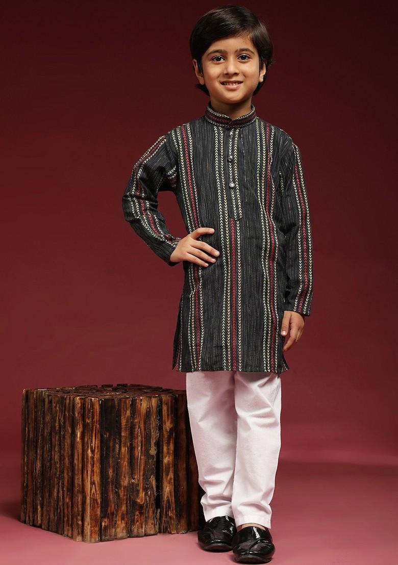 Navy Blue Striped Blended Kurta Set For Boys - Indya