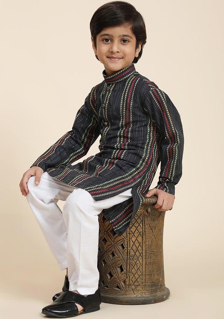 Navy Blue Striped Blended Kurta Set For Boys - Indya