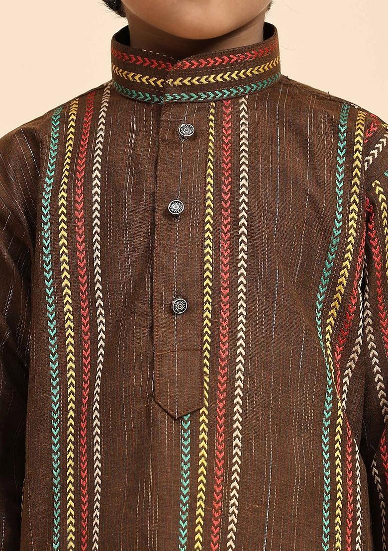 Brown Striped Blended Kurta Set For Boys - Indya