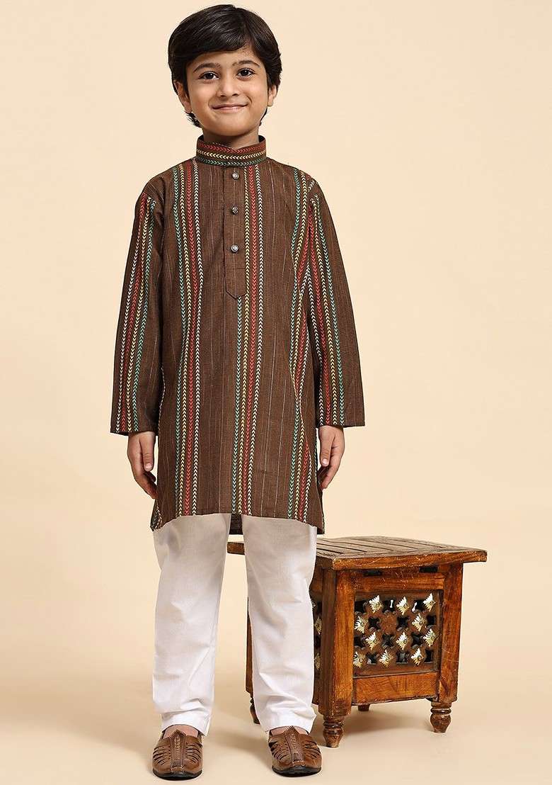 Brown Striped Blended Kurta Set For Boys - Indya