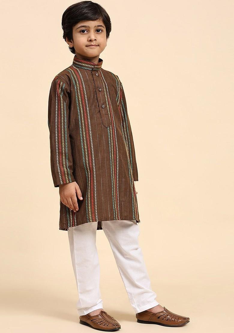 Brown Striped Blended Kurta Set For Boys - Indya