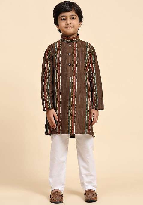 Brown Striped Blended Kurta Set For Boys