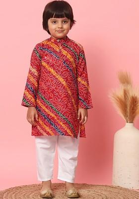 Maroon Printed Cotton Kurta Set For Boys