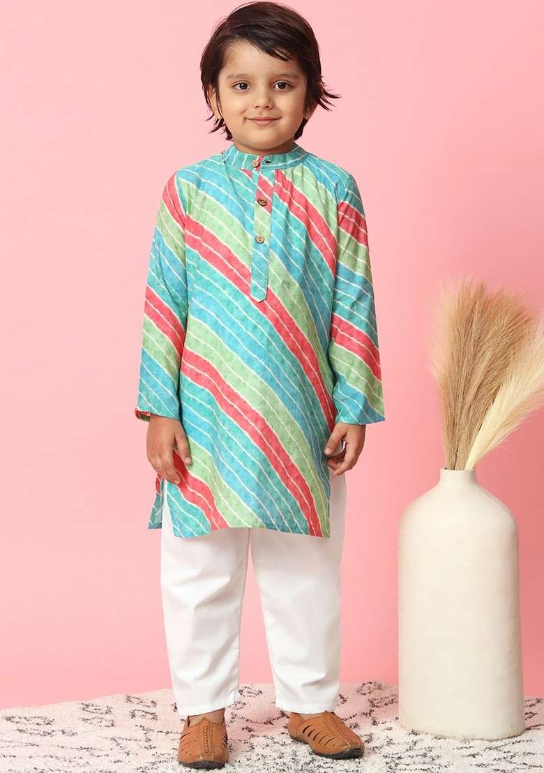 Blue Striped Silk Kurta Set For Boys - Indya