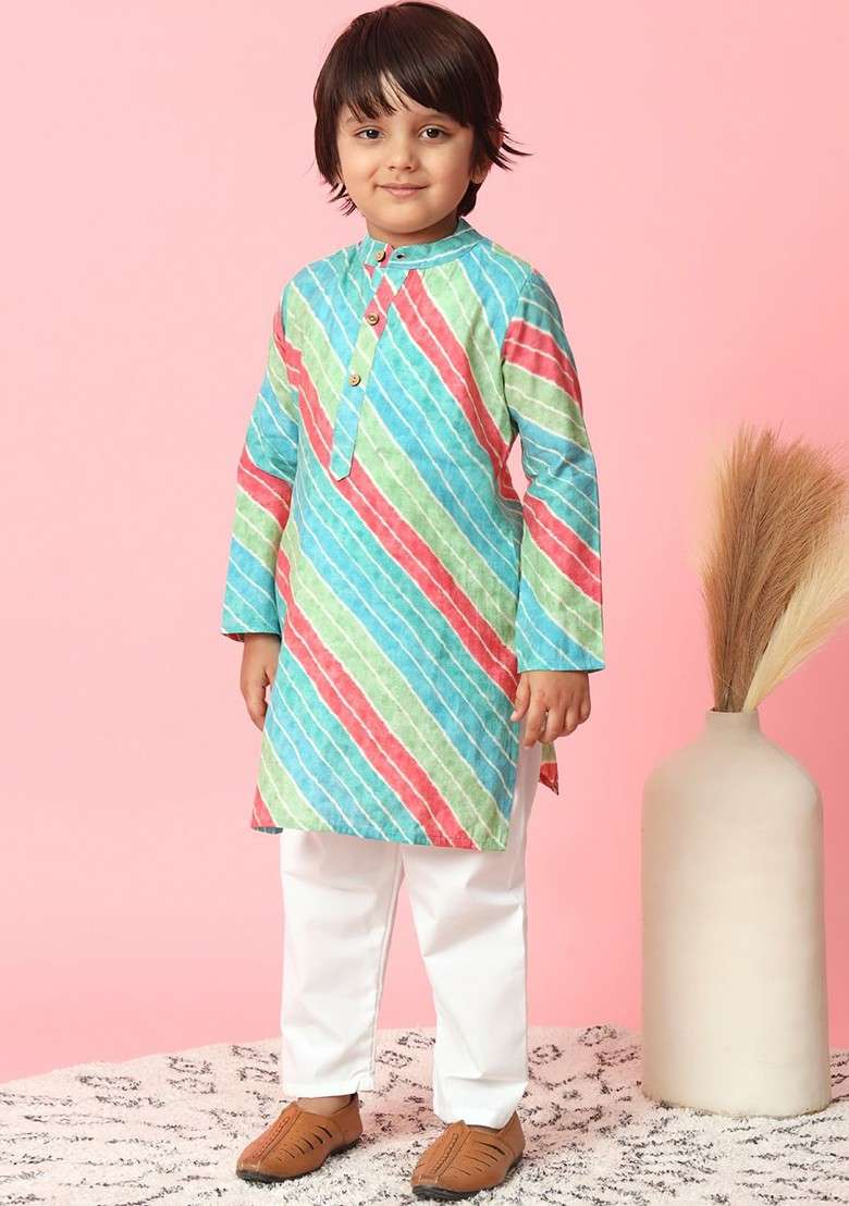 Blue Striped Silk Kurta Set For Boys - Indya