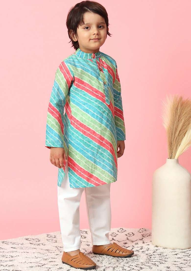 Blue Striped Silk Kurta Set For Boys - Indya