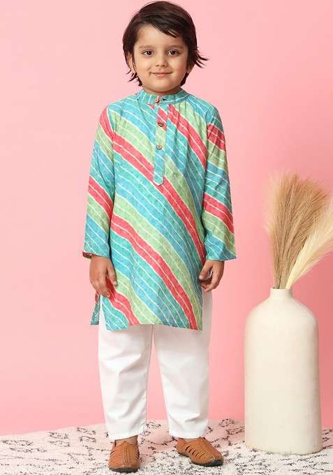 Blue Striped Silk Kurta Set For Boys