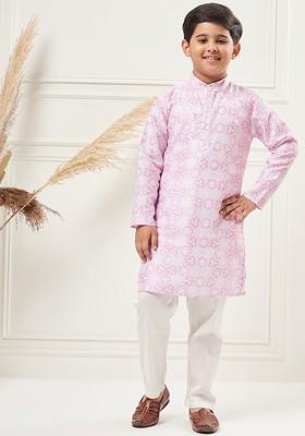 Purple Printed Blended Kurta Set For Boys