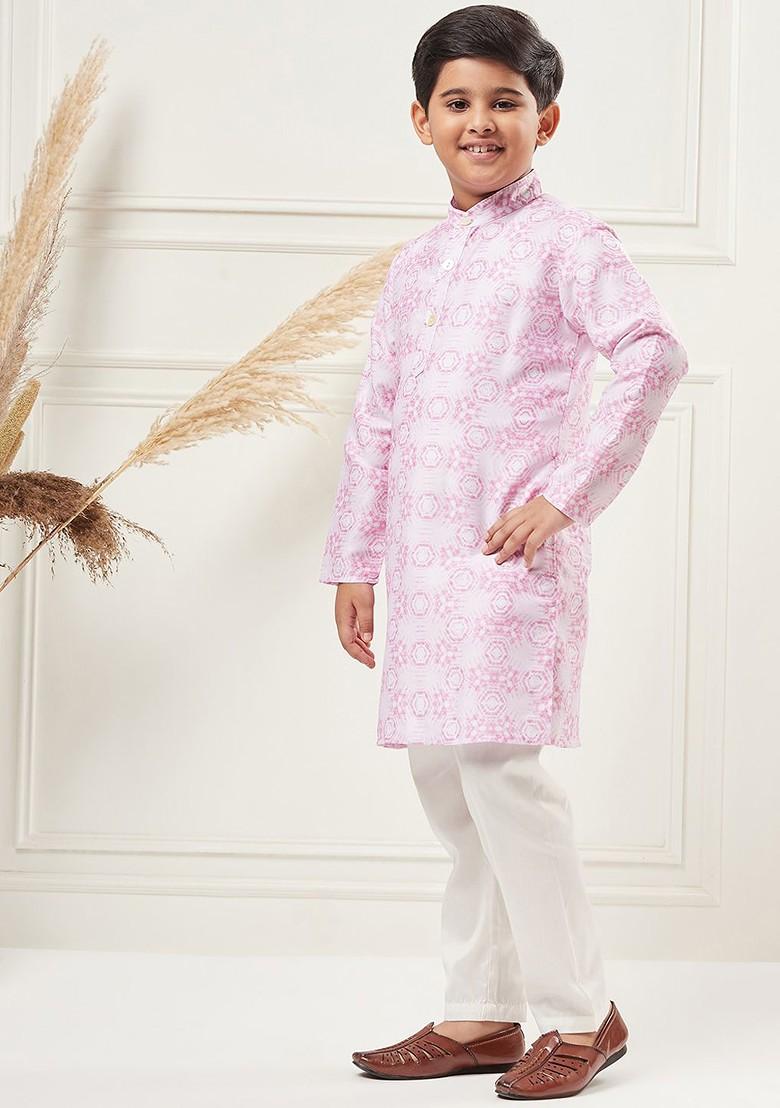 Purple Printed Blended Kurta Set For Boys - Indya