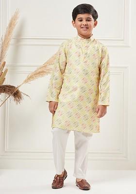 Green Printed Blended Kurta Set For Boys