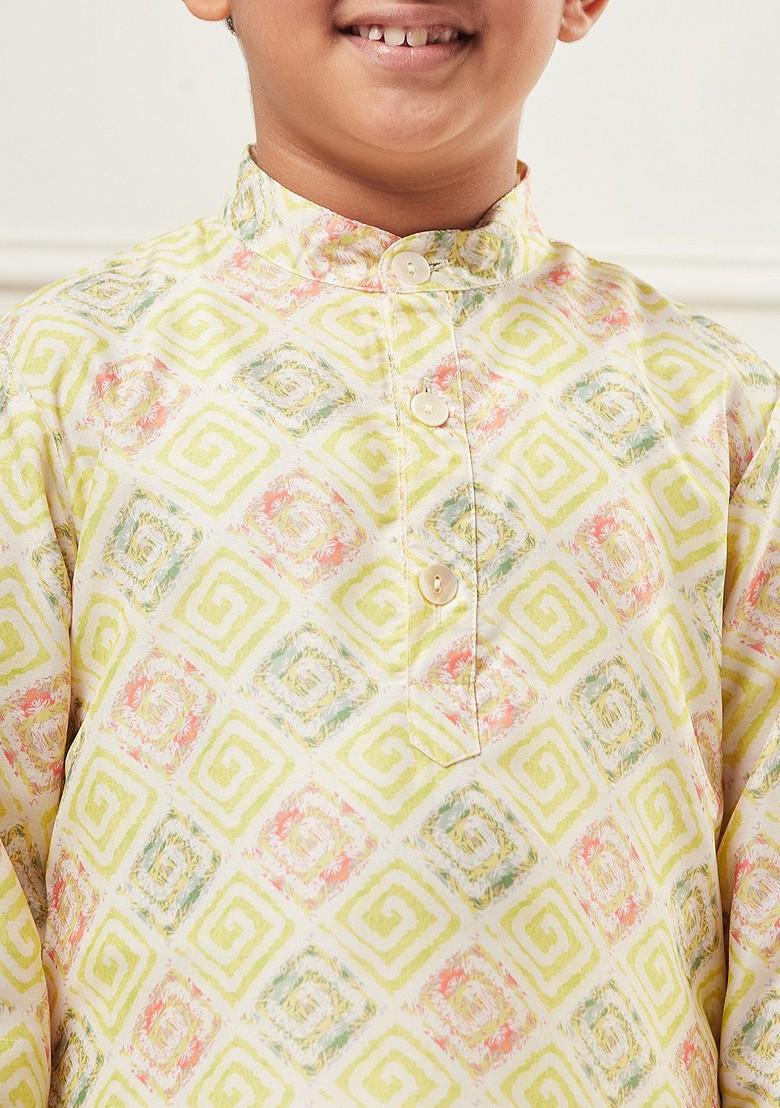 Green Printed Blended Kurta Set For Boys - Indya