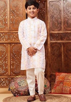 Pink Printed Blended Nehru Jacket Set For Boys