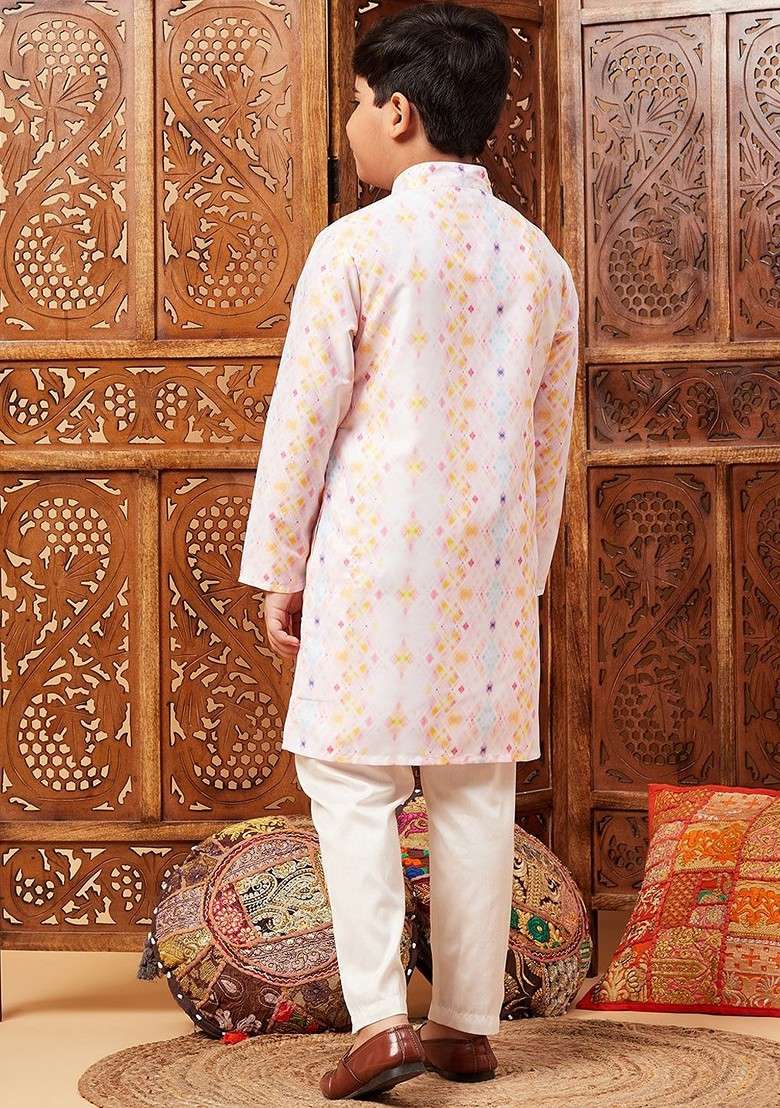 Pink Printed Blended Nehru Jacket Set For Boys - Indya