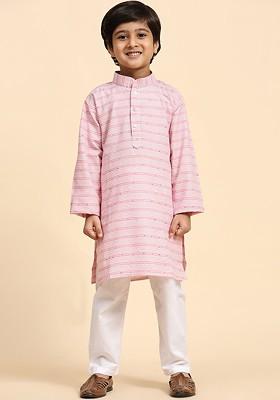 Pink Striped Blended Kurta Set For Boys