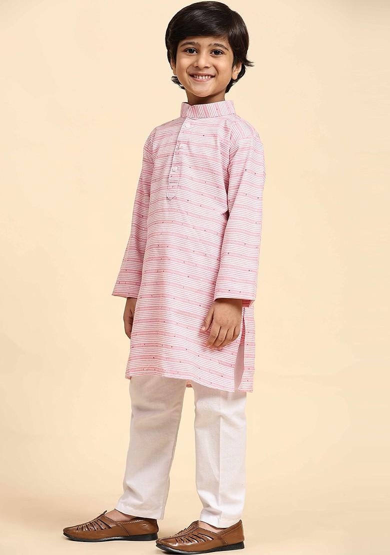 Pink Striped Blended Kurta Set For Boys - Indya