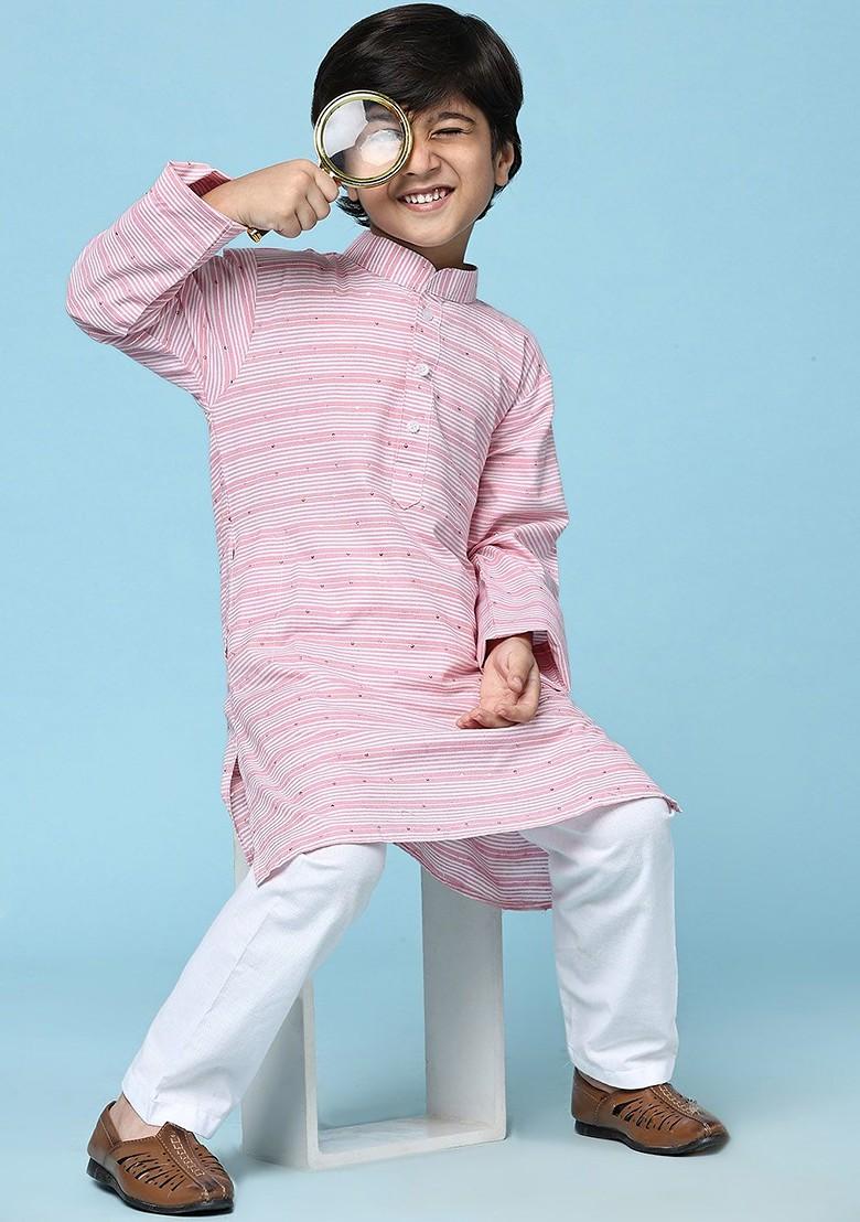 Pink Striped Blended Kurta Set For Boys - Indya