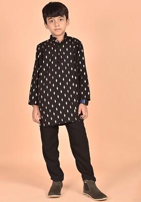 Black Printed Blended Kurta Set For Boys