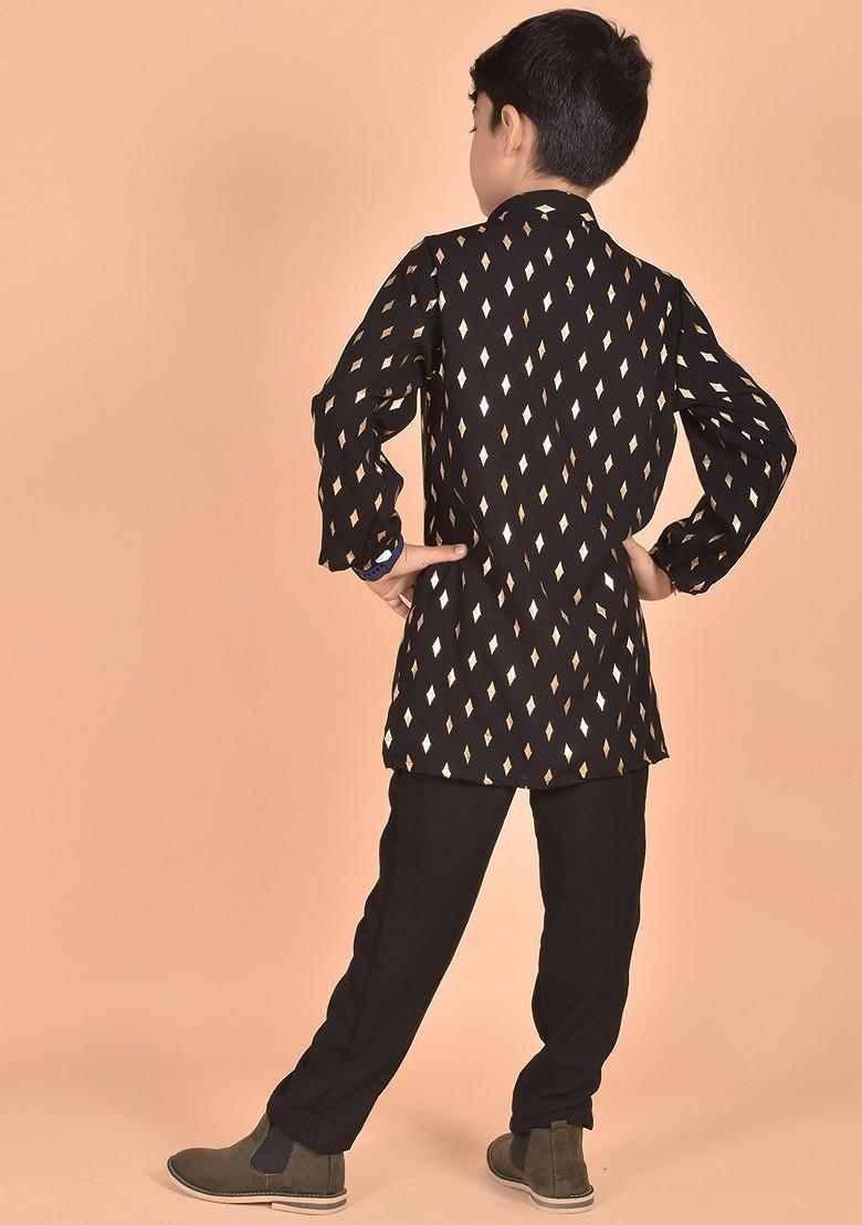 Black Printed Blended Kurta Set For Boys - Indya