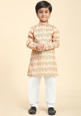 Beige Printed Blended Kurta Set For Boys