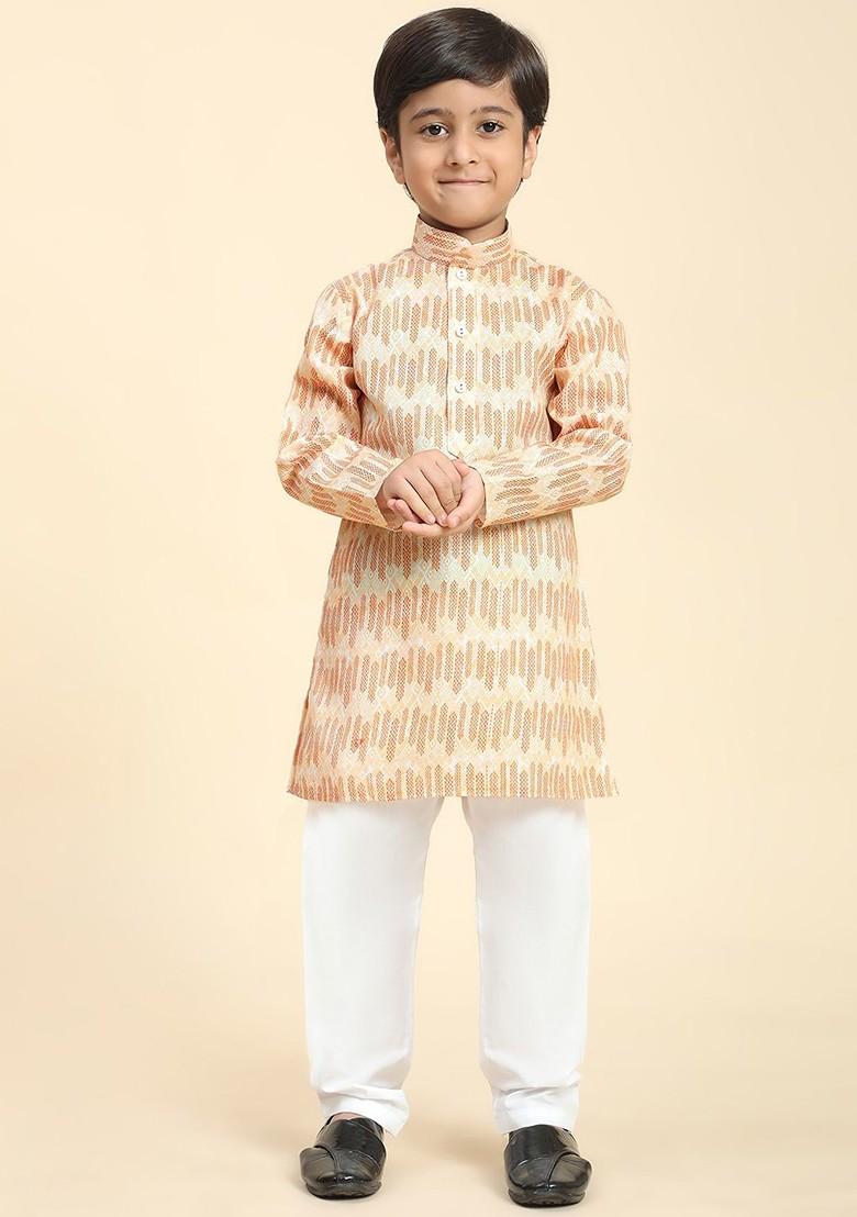 Beige Printed Blended Kurta Set For Boys - Indya