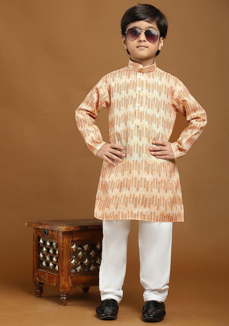 Beige Printed Blended Kurta Set For Boys - Indya