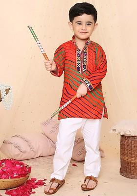 Orange Printed Cotton Kurta Set For Boys