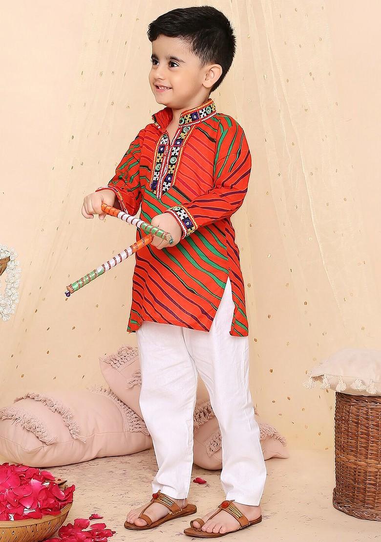 Orange Printed Cotton Kurta Set For Boys - Indya