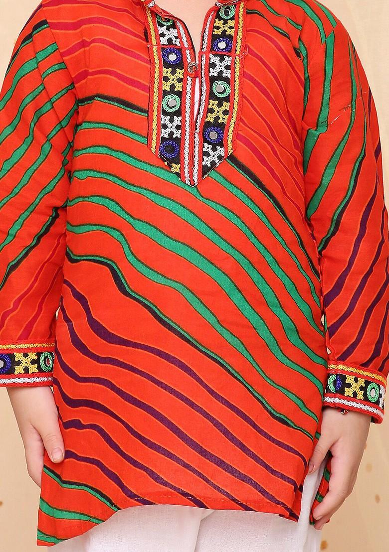 Orange Printed Cotton Kurta Set For Boys - Indya