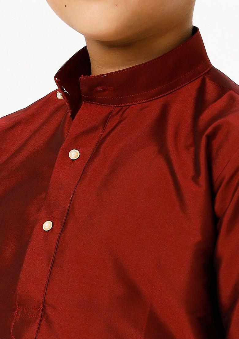 Maroon Embroidered Blended Kurta Set For Boys - Indya