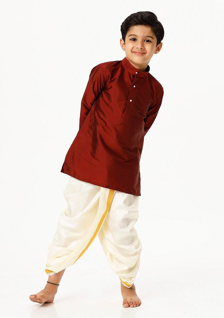 Maroon Embroidered Blended Kurta Set For Boys - Indya