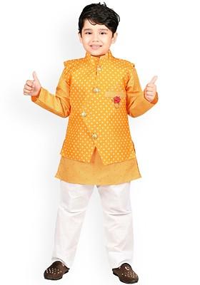 Mustard Printed Blended Kurta Set For Boys