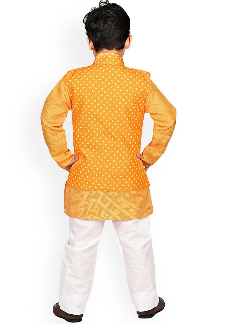 Mustard Printed Blended Kurta Set For Boys - Indya
