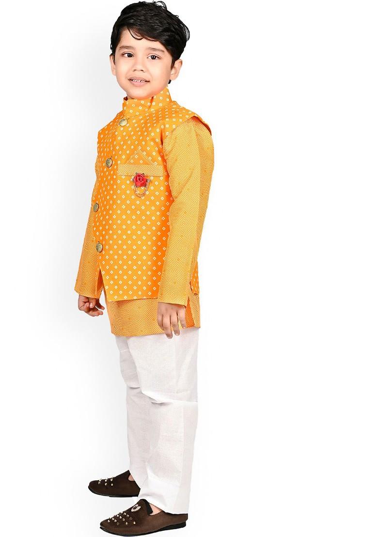 Mustard Printed Blended Kurta Set For Boys - Indya