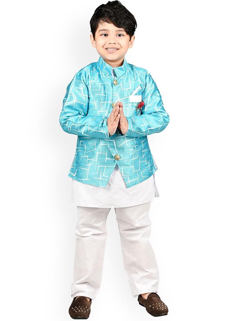Turquoise Blue Embroidered Blended Kurta Set For Boys - Indya