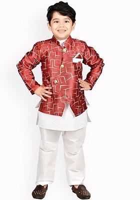 Maroon Printed Blended Kurta Set For Boys