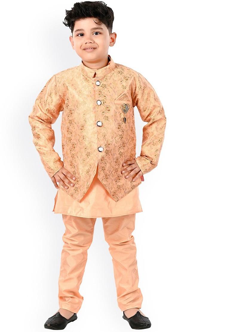 Orange Printed Blended Kurta Set For Boys - Indya