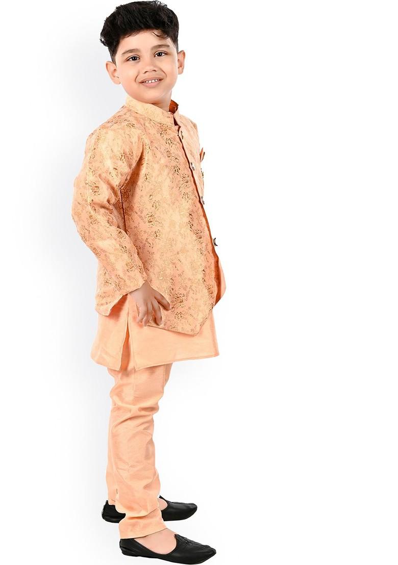 Orange Printed Blended Kurta Set For Boys - Indya