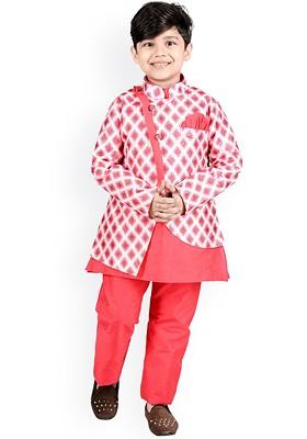 Pink Embroidered Blended Kurta Set For Boys
